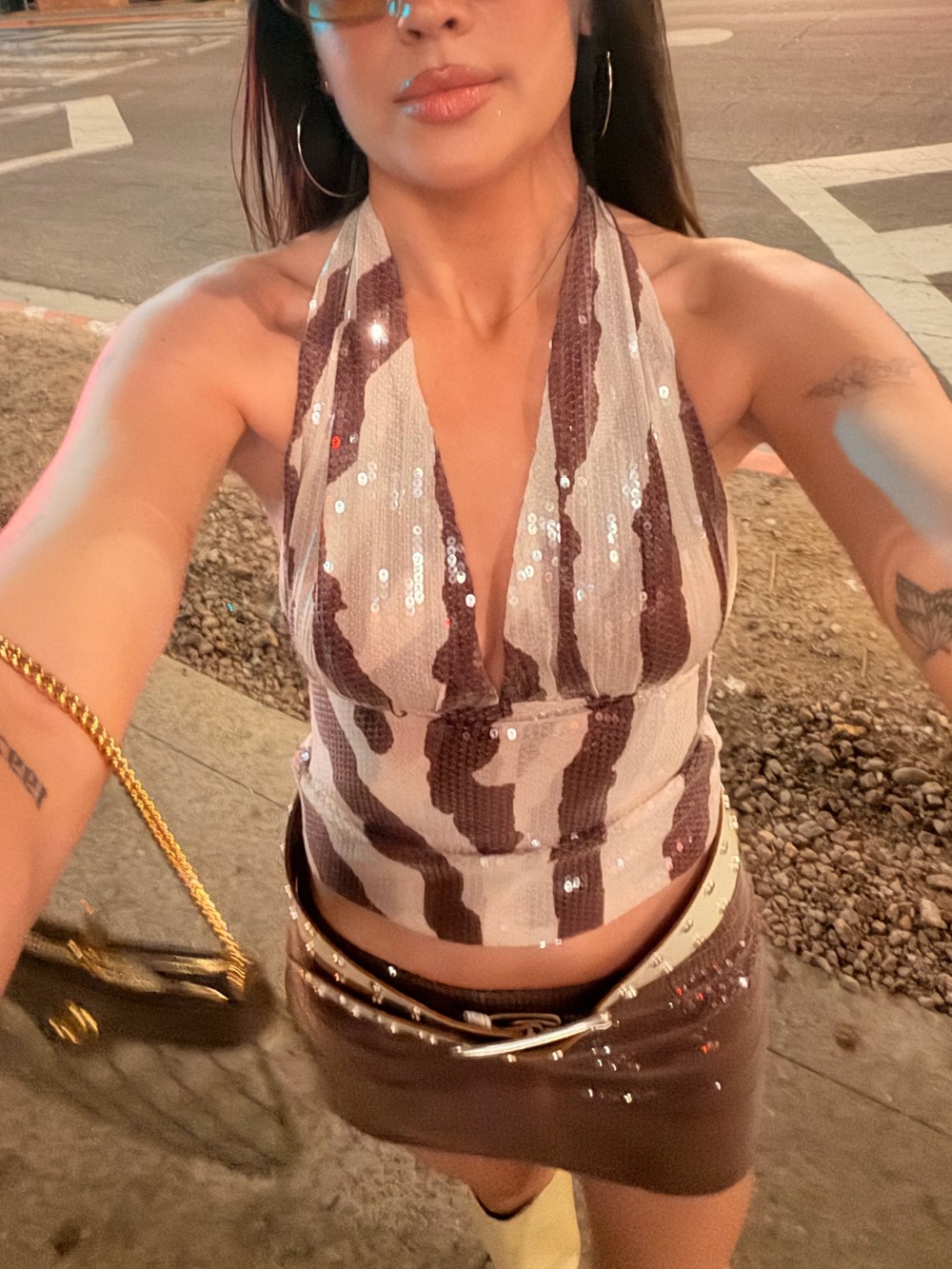 Miaou Sequin Halter Top in Pink and Cream Zebra